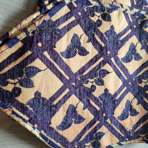 Vintage Floral Tapestry Table Runner With Gold Tassels 72" Long Beige & Navy Blu - Picture 4 of 7